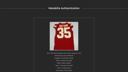 Jaylen Watson GAME WORN 💪 10/12/25 Kansas City Chiefs NFL Jersey 🎽 vs. Lions inc. COA 🛡️
