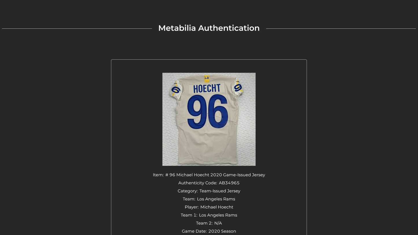 Michael Hoecht TEAM ISSUED Los Angeles Rams Nike On-Field NFL Jersey Inc. COA 🛡