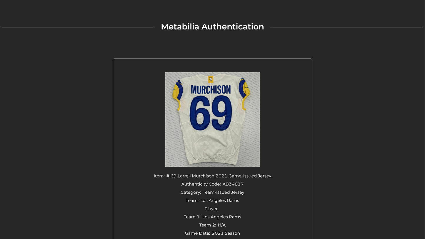 Larrell Murchison TEAM ISSUED Los Angeles Rams Nike NFL On-Field Jersey Inc. COA 📄