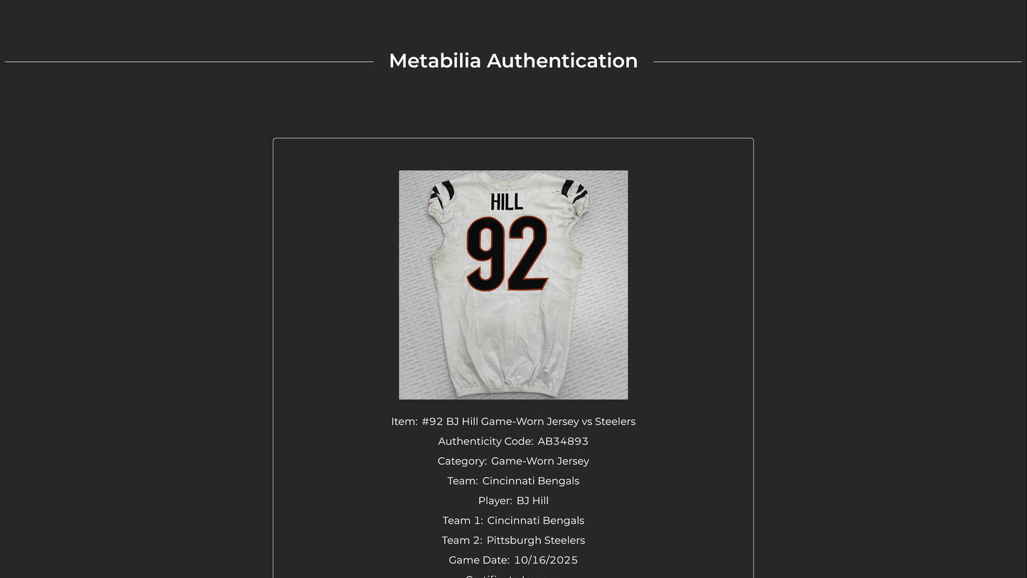 B.J. Hill GAME WORN 💪 10/16/25 Cincinnati Bengals Nike NFL Jersey vs. Steelers inc. COA 🛡️
