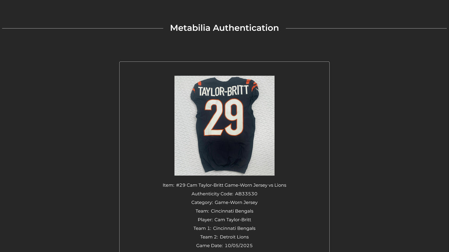 Cam Taylor-Britt GAME WORN 💪 10/05/25 Cincinnati Bengals Nike NFL Jersey vs.Lions inc. COA 🛡️
