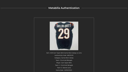 Cam Taylor-Britt GAME WORN 💪 10/05/25 Cincinnati Bengals Nike NFL Jersey vs.Lions inc. COA 🛡️