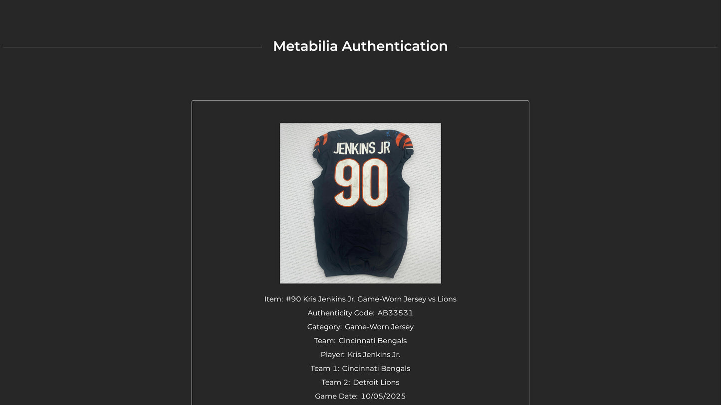 Kris Jenkins Jr. GAME WORN 10/05/25 💪 Cincinnati Bengals 🐅 Nike NFL Jersey vs Detroit Lions inc. COA 🛡️