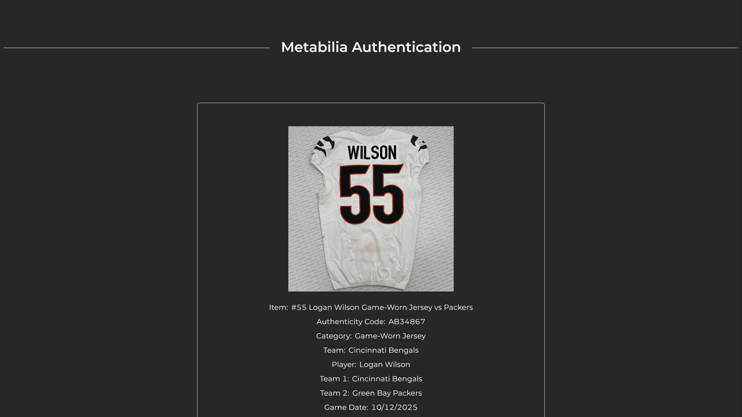 Logan Wilson GAME WORN/USED 10/12/25 💪 Cincinnati Bengals 🐅 Nike NFL Jersey vs Packers inc. COA 🛡️