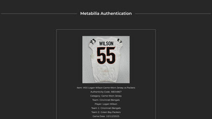 Logan Wilson GAME WORN/USED 10/12/25 💪 Cincinnati Bengals 🐅 Nike NFL Jersey vs Packers inc. COA 🛡️