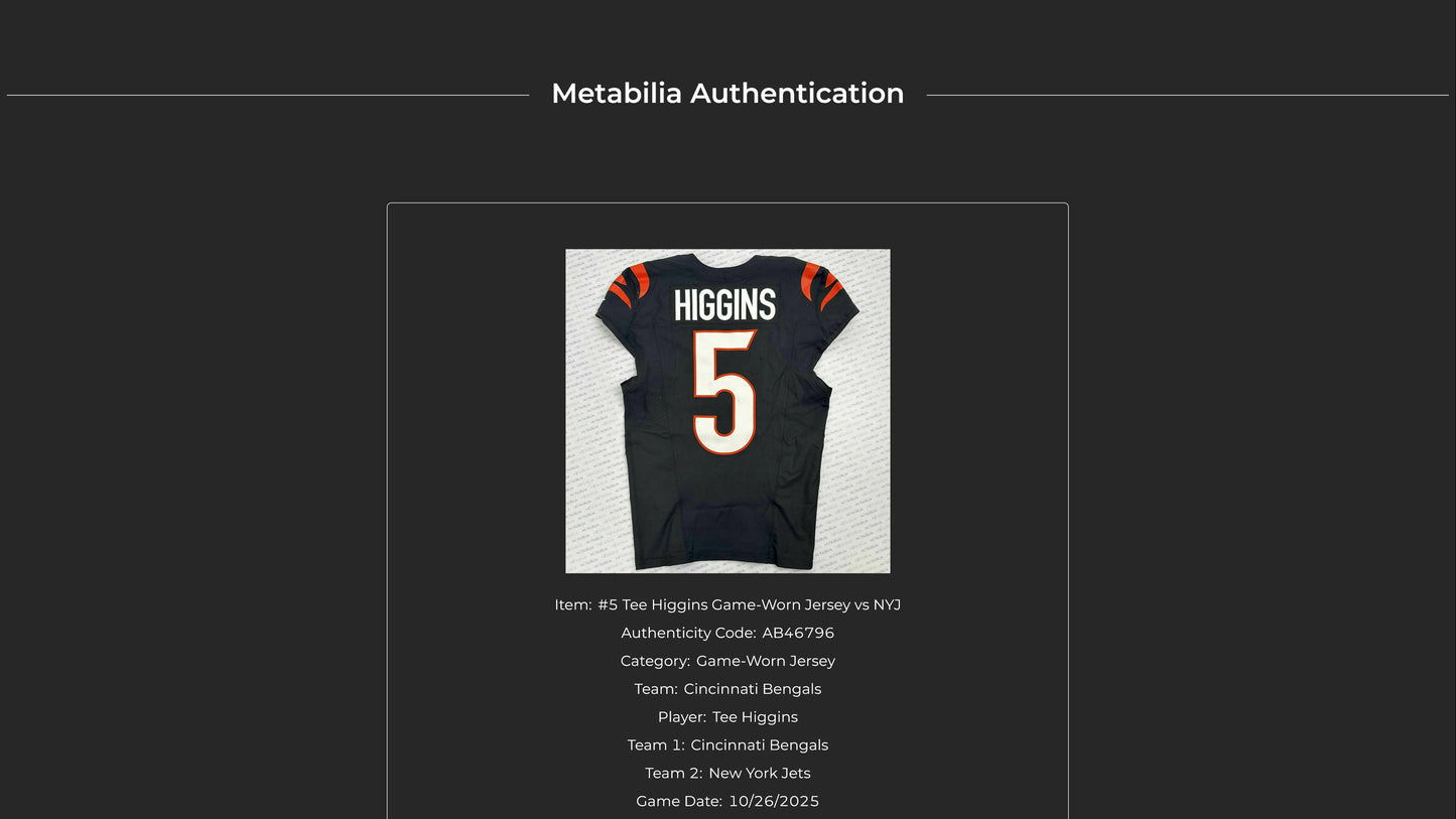 Tee Higgins GAME WORN 💪 10/26/25 Cincinnati Bengals 🐅 Nike NFL Jersey 👕vs New York Jets inc. COA 🛡️