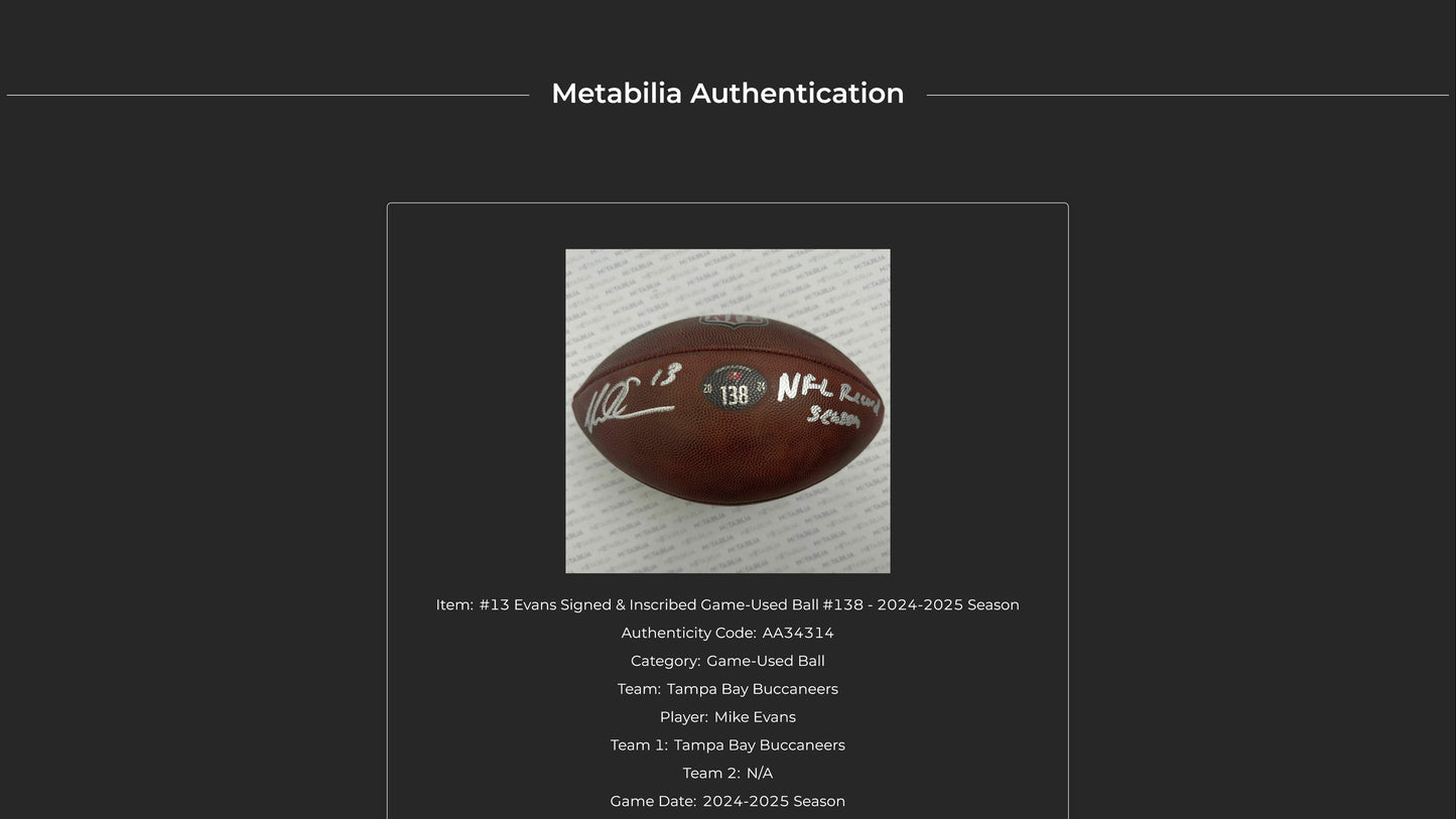 Mike Evans GAME USED Signed + Inscribed "NFL Record Season" Wilson Duke Ball Tampa Bay Buccaneers 24-25 Season Inc. Proof of Authenticity 🛡️