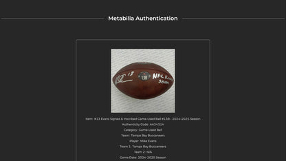 Mike Evans GAME USED Signed + Inscribed "NFL Record Season" Wilson Duke Ball Tampa Bay Buccaneers 24-25 Season Inc. Proof of Authenticity 🛡️