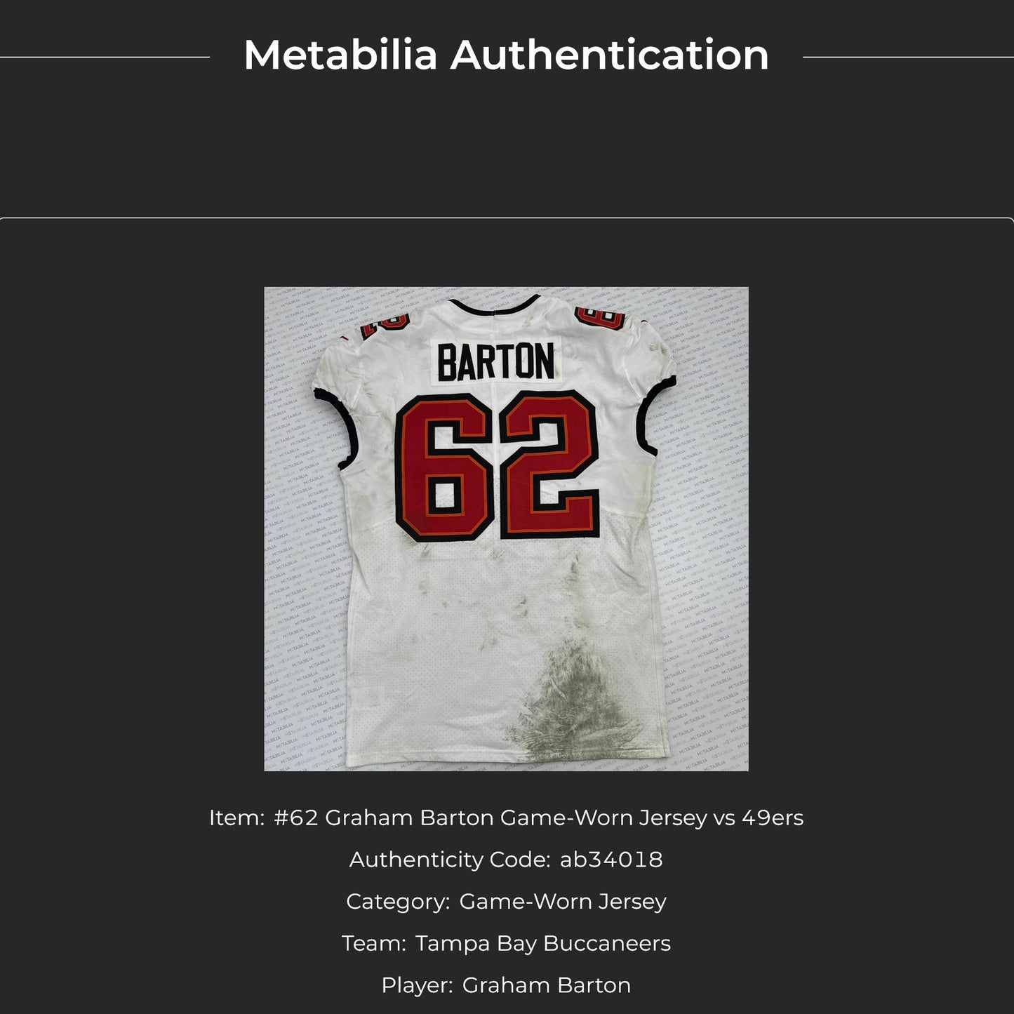 Graham Barton GAME WORN 💪 10/12/25 Tampa Bay Buccaneers Nike On-Field NFL Jersey 👕 vs. 49ers Inc. COA