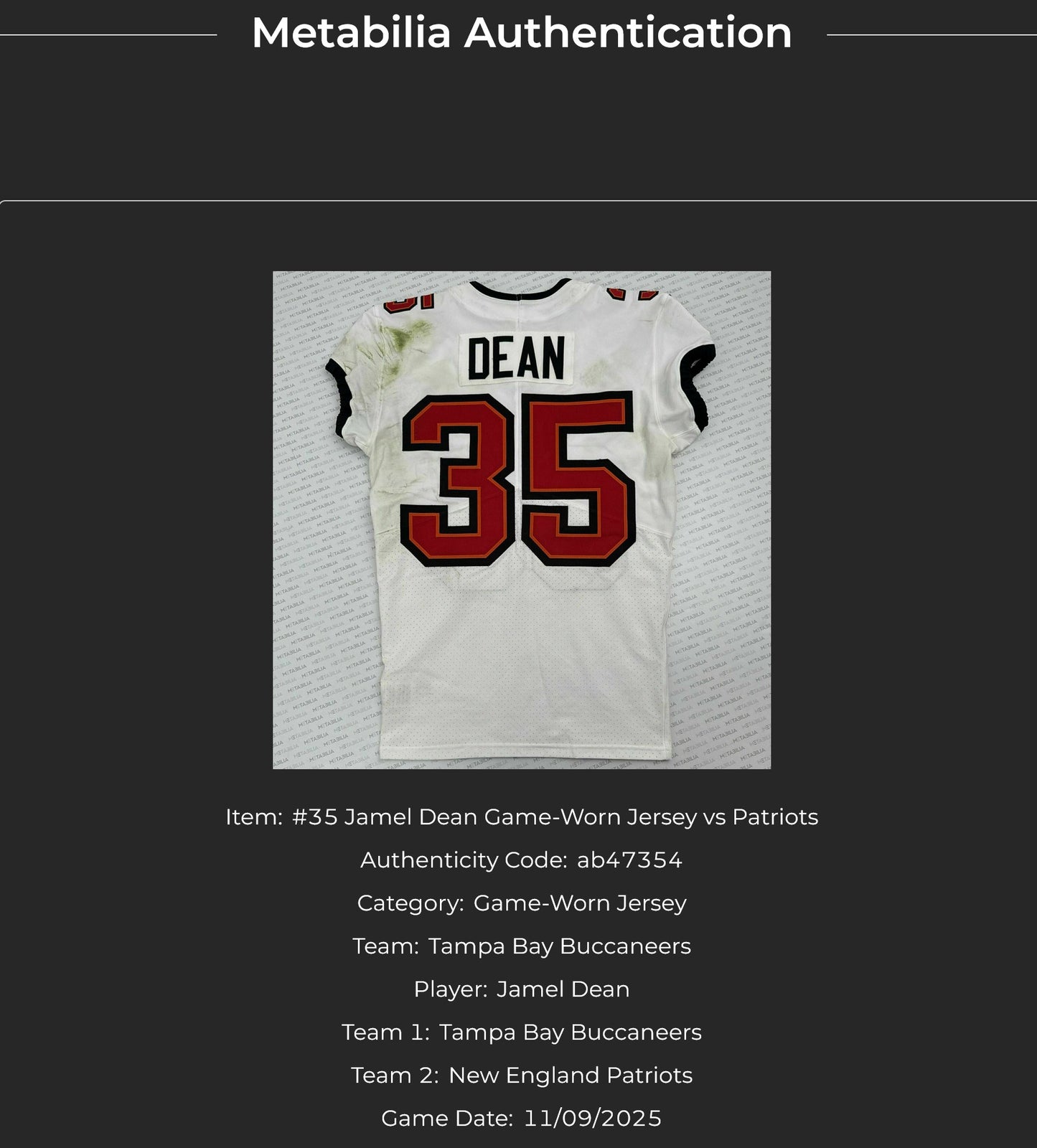 Jamel Dean GAME WORN 💪 11/09/25 Tampa Bay Buccaneers On-Field Nike NFL Jersey 👕 vs. Patriots Inc. COA