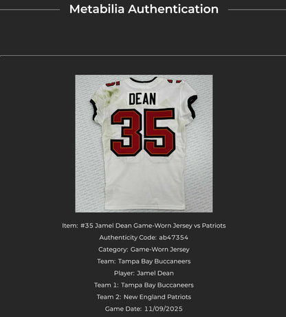 Jamel Dean GAME WORN 💪 11/09/25 Tampa Bay Buccaneers On-Field Nike NFL Jersey 👕 vs. Patriots Inc. COA