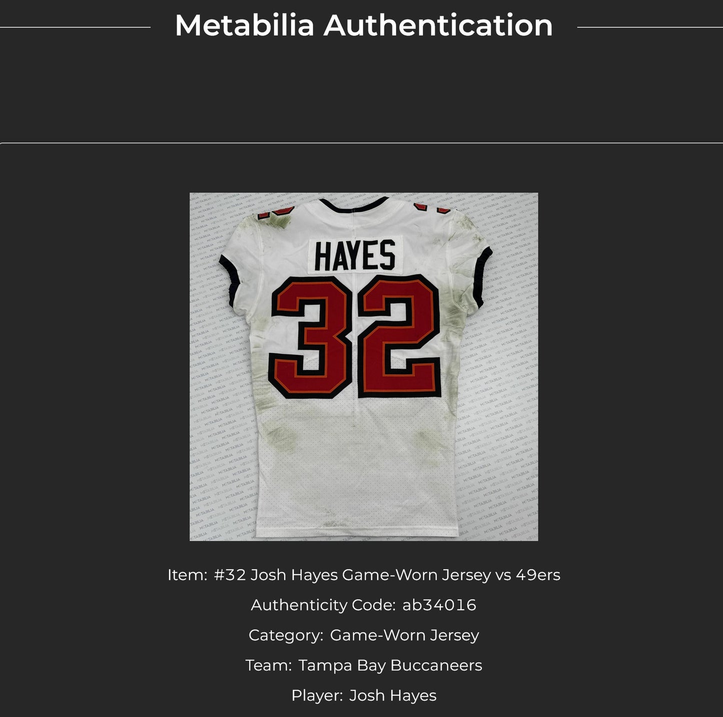 Josh Hayes GAME WORN 💪 10/12/25 Buccaneers Nike On-Field NFL Jersey 👕 vs. 49ers Inc. COA