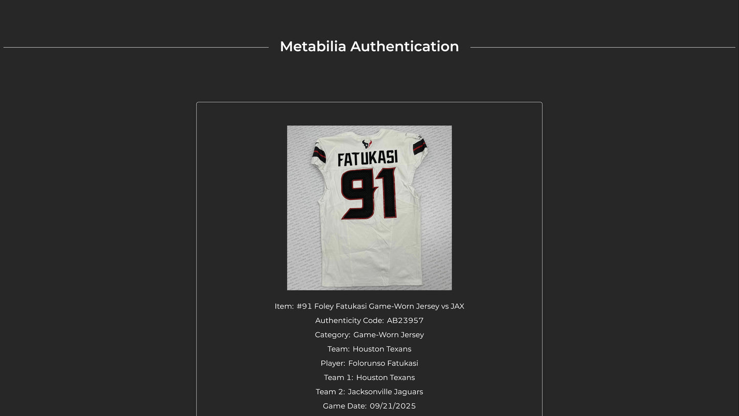 Foley Fatukasi GAME WORN 🔥 Houston Texans Nike NFL Jersey 👕vs Jaguars Inc. COA