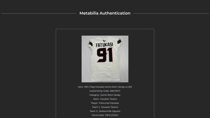 Foley Fatukasi GAME WORN 🔥 Houston Texans Nike NFL Jersey 👕vs Jaguars Inc. COA