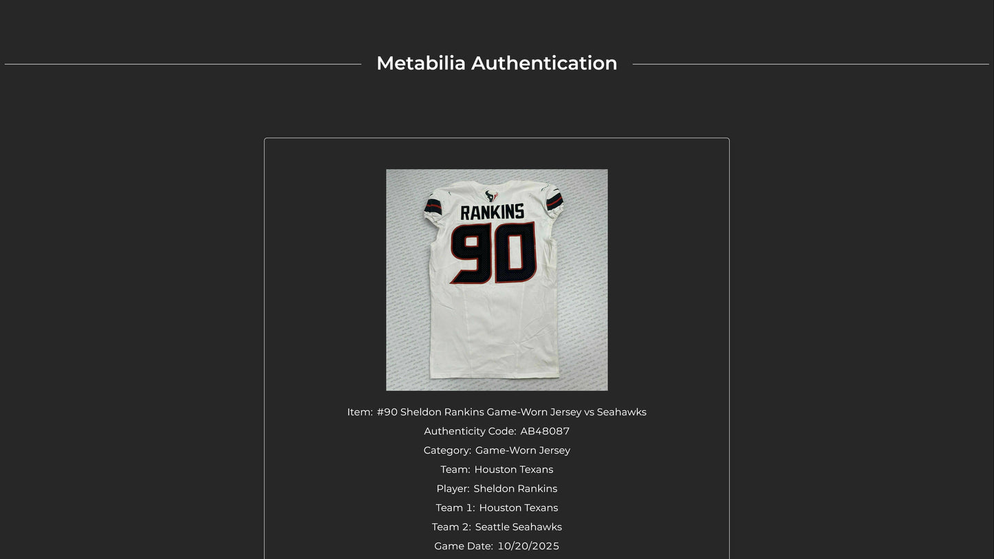 Sheldon Rankins GAME WORN 🔥10/20/25 Houston Texans Nike NFL Jersey 👕 vs Seattle Seahawks Inc. COA