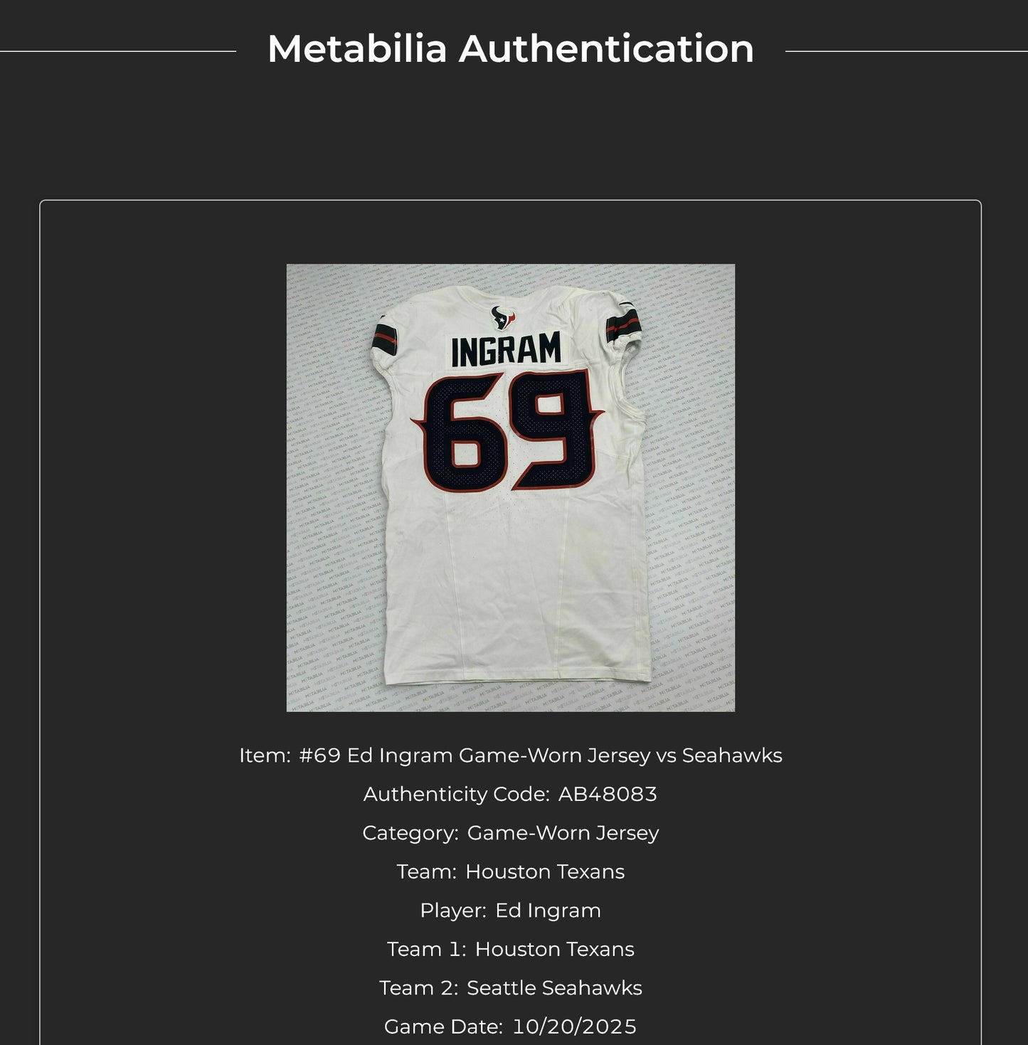 Ed Ingram GAME WORN 10/20/25 Houston Texans Nike NFL Jersey vs Seattle Seahawks Inc. COA