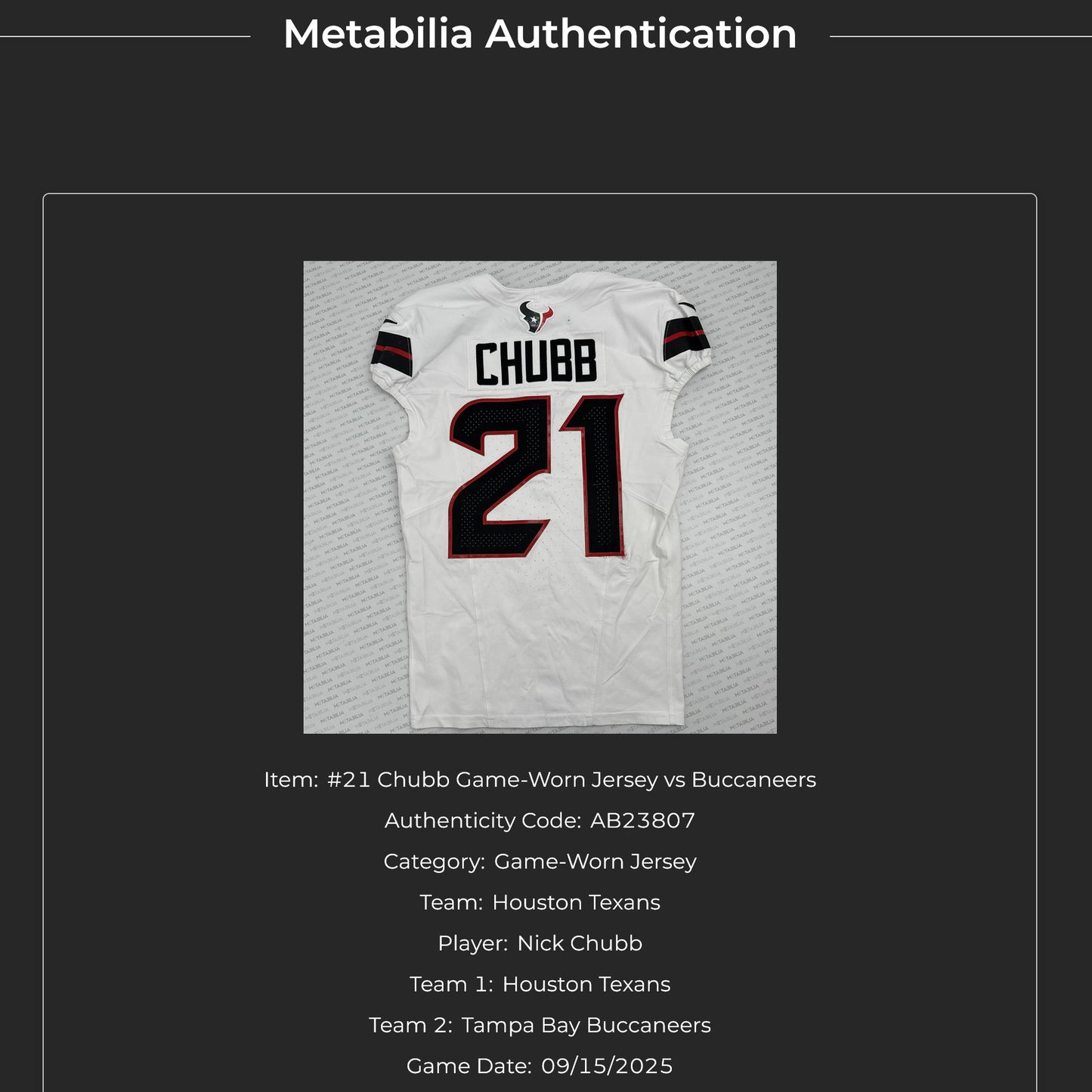 Nick Chubb GAME WORN 💪 09/15/25 Houston Texans Nike NFL Jersey 🎽vs. Tampa Bay Buccaneers - COA also included