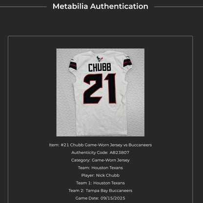 Nick Chubb GAME WORN 💪 09/15/25 Houston Texans Nike NFL Jersey 🎽vs. Tampa Bay Buccaneers - COA also included