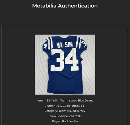 Rock Ya-Sin TEAM / GAME ISSUED 💪 Indianapolis Colts 🐎 Nike NFL Jersey 👕 Inc. COA and 100 NFL seasons Patch