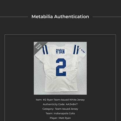 Matt Ryan TEAM / GAME ISSUED 💪 Indianapolis Colts 🐎 Nike NFL Jersey 👕 Inc. COA and Captain's Patch