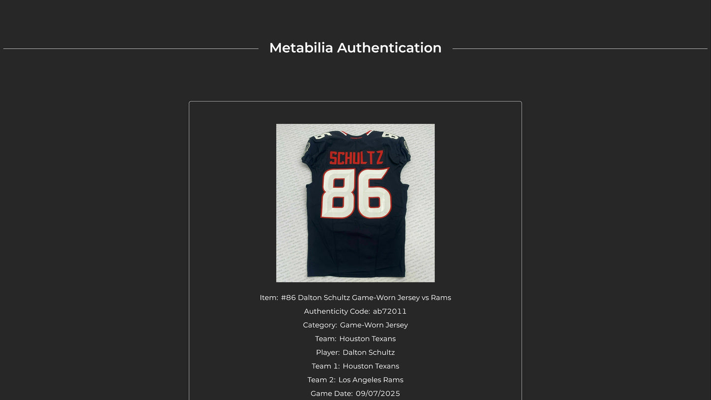Dalton Schultz GAME WORN 09/07/25 Houston Texans Nike NFL Jersey vs Los Angeles Rams Also includes COA