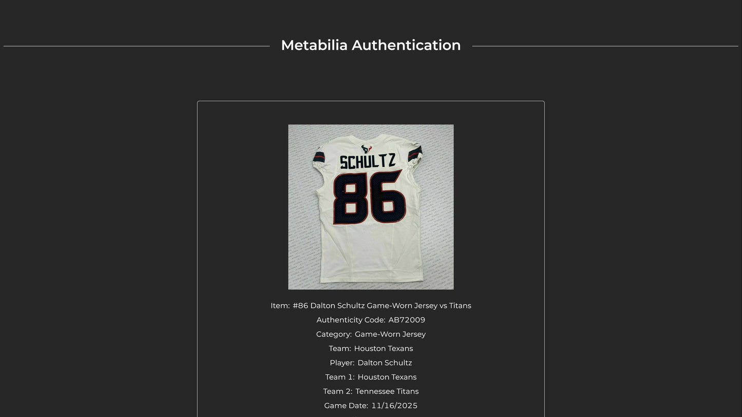Dalton Schultz GAME WORN 11/16/25 Houston Texans 🐂 Nike NFL Jersey 👕 vs Tennessee Titans Also includes COA