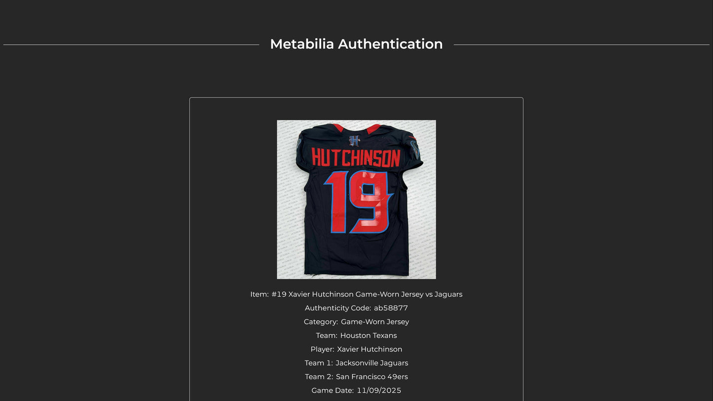 Xavier Hutchinson GAME WORN 11/09/25 Houston Texans Nike NFL Jersey 👕vs Jacksonville Jaguars Also includes COA