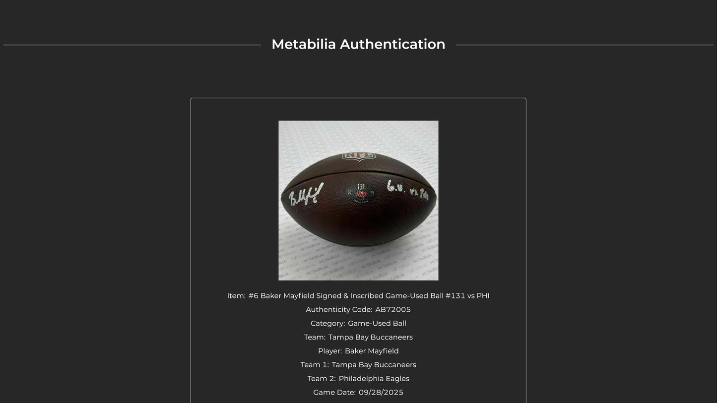 Baker Mayfield GAME USED 09/28/2025 Signed + Inscribed Tampa Bay Buccaneers Ball vs Philadelphia Eagles Also includes Proof of Authenticity 🛡️