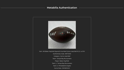 Baker Mayfield GAME USED 09/28/2025 Signed + Inscribed Tampa Bay Buccaneers Ball vs Philadelphia Eagles Also includes Proof of Authenticity 🛡️