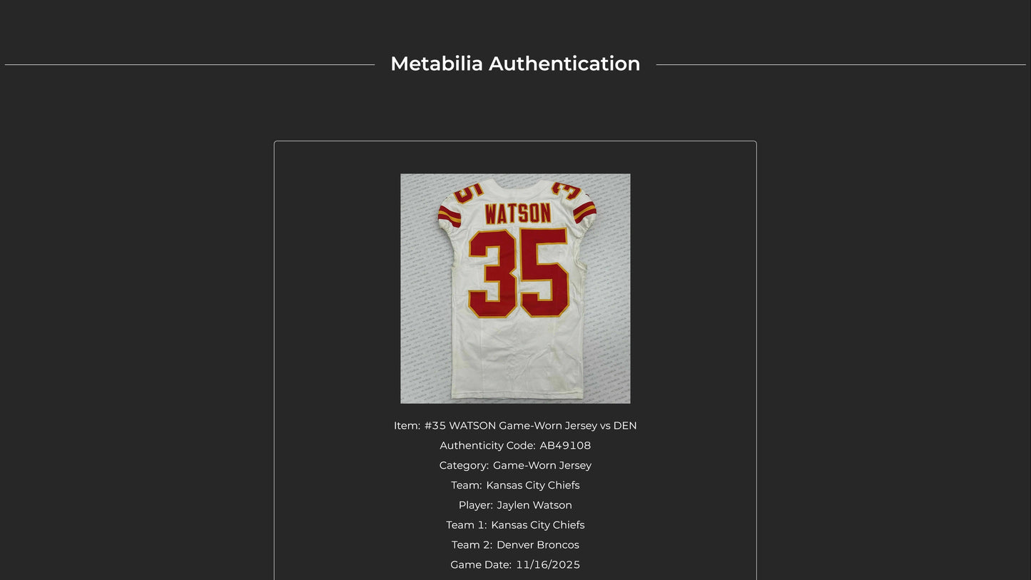 Jaylen Watson GAME WORN 11/16/25 Kansas City Chiefs Nike NFL Jersey vs Denver Broncos Also includes COA