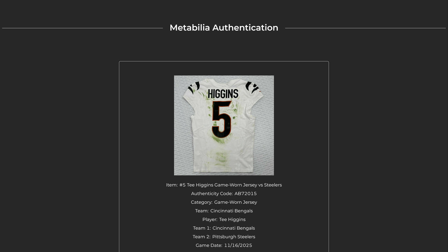 Tee Higgins GAME WORN 💪 11/16/25 Cincinnati Bengals Nike NFL Jersey vs Pittsburgh Steelers Also includes COA