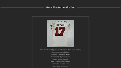 Sterling Shepard Signed and Inscribed GAME WORN 10/12/25 Tampa Bay Buccaneers Jersey vs. San Francisco 49ers Also includes COA 🛡️