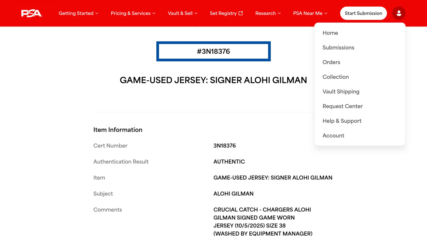 Alohi Gilman GAME WORN 💪 10/05/25 Los Angeles Chargers Nike NFL Jersey vs. Commanders inc. COA 🛡️