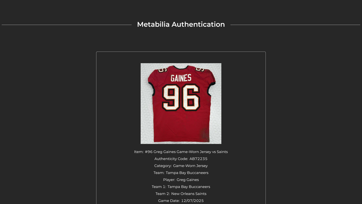 Greg Gaines GAME WORN 12/07/25 Tampa Bay Buccaneers OnField NFL Jersey vs New Orleans Saints Also includes COA 🛡️
