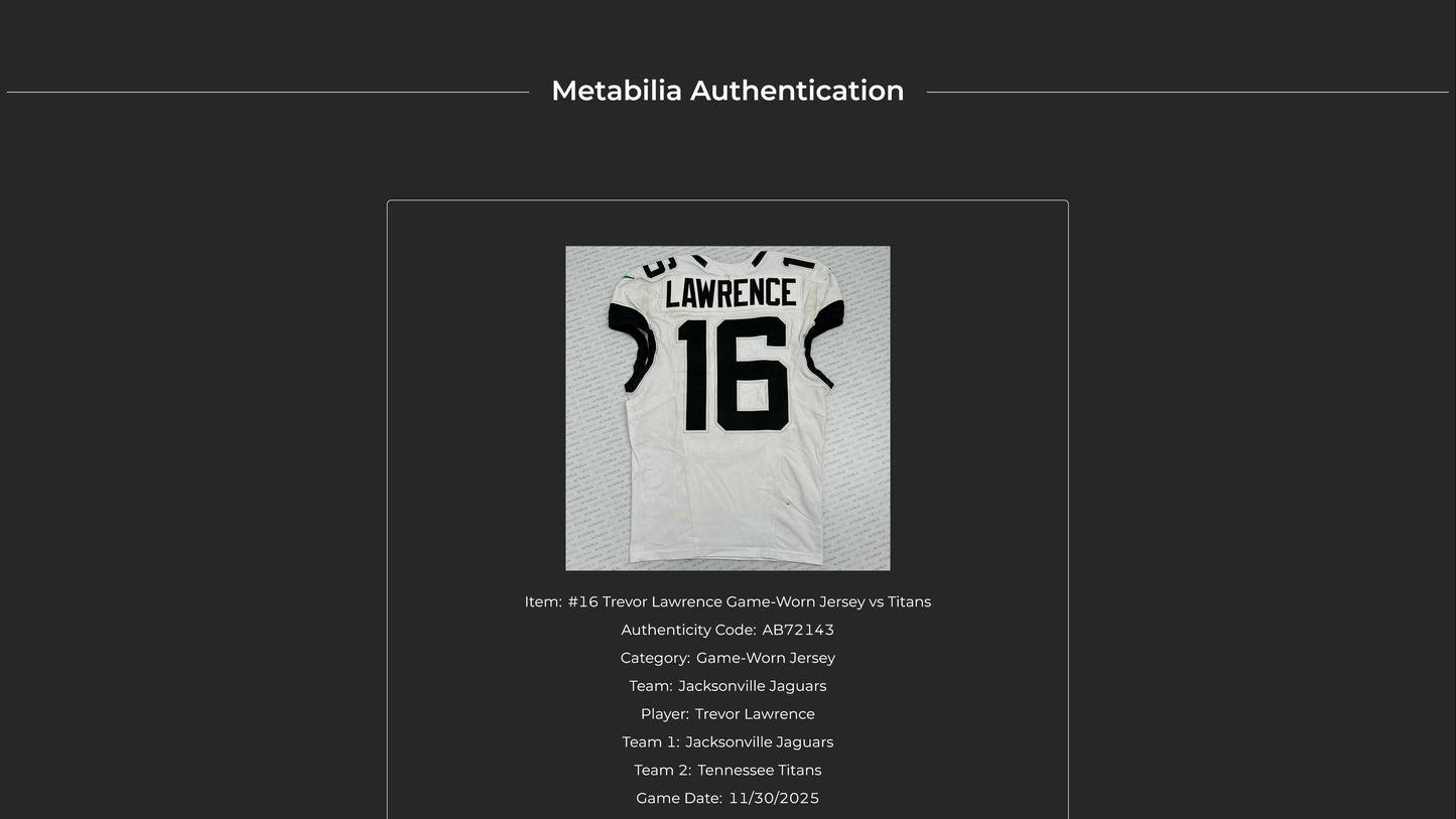 Trevor Lawrence GAME WORN 11/30/25 PHOTO MATCHED 📸 Jacksonville Jaguars NFL Jersey vs Tennessee Titans Also includes COA