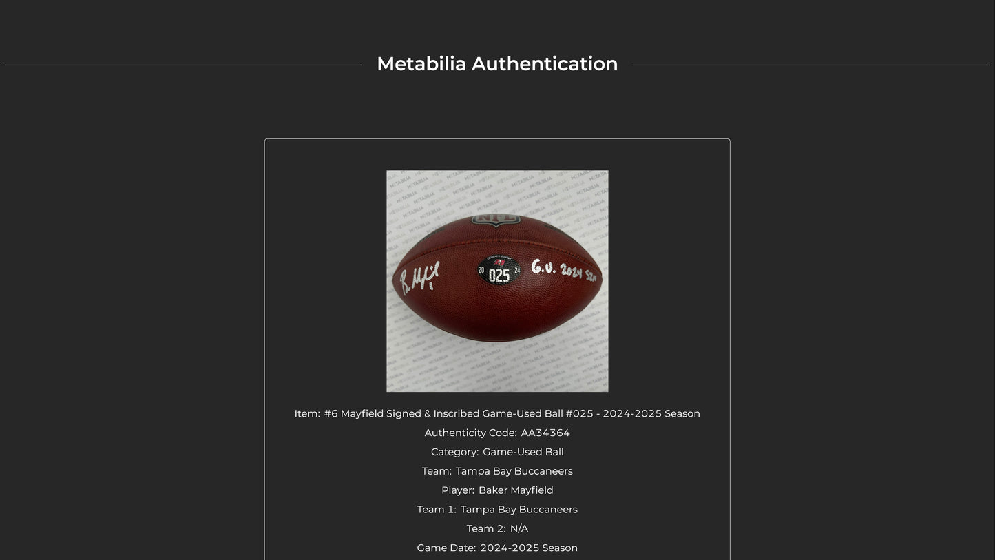 Baker Mayfield GAME USED💪Signed + Inscribed Wilson Duke Ball Tampa Bay Buccaneers 24-25 Szn Also includes Proof of Authenticity 🛡️