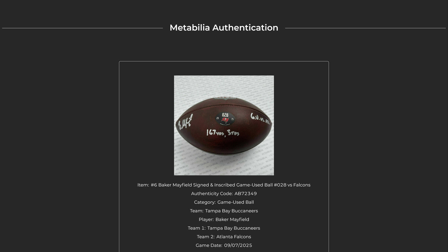 Baker Mayfield GAME USED 💪 09/07/25 Signed + Inscribed Ball Tampa Bay Buccaneers vs Atlanta Falcons Also includes Proof of Authenticity 🛡️