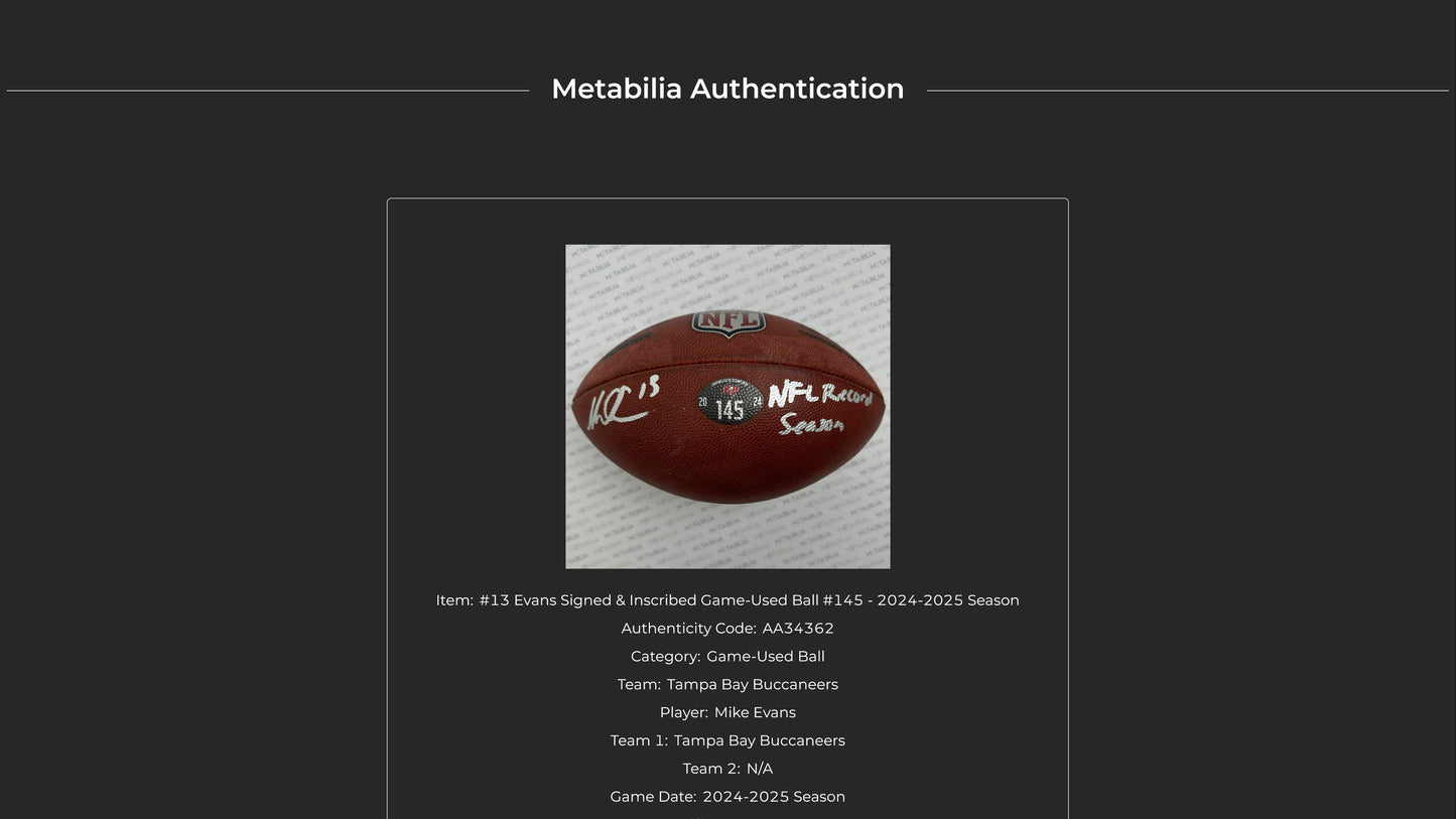 Mike Evans GAME USED Signed & Inscribed Tampa Bay Buccaneers Duke Football 24-25 Season Also includes Proof of Authenticity 🛡️