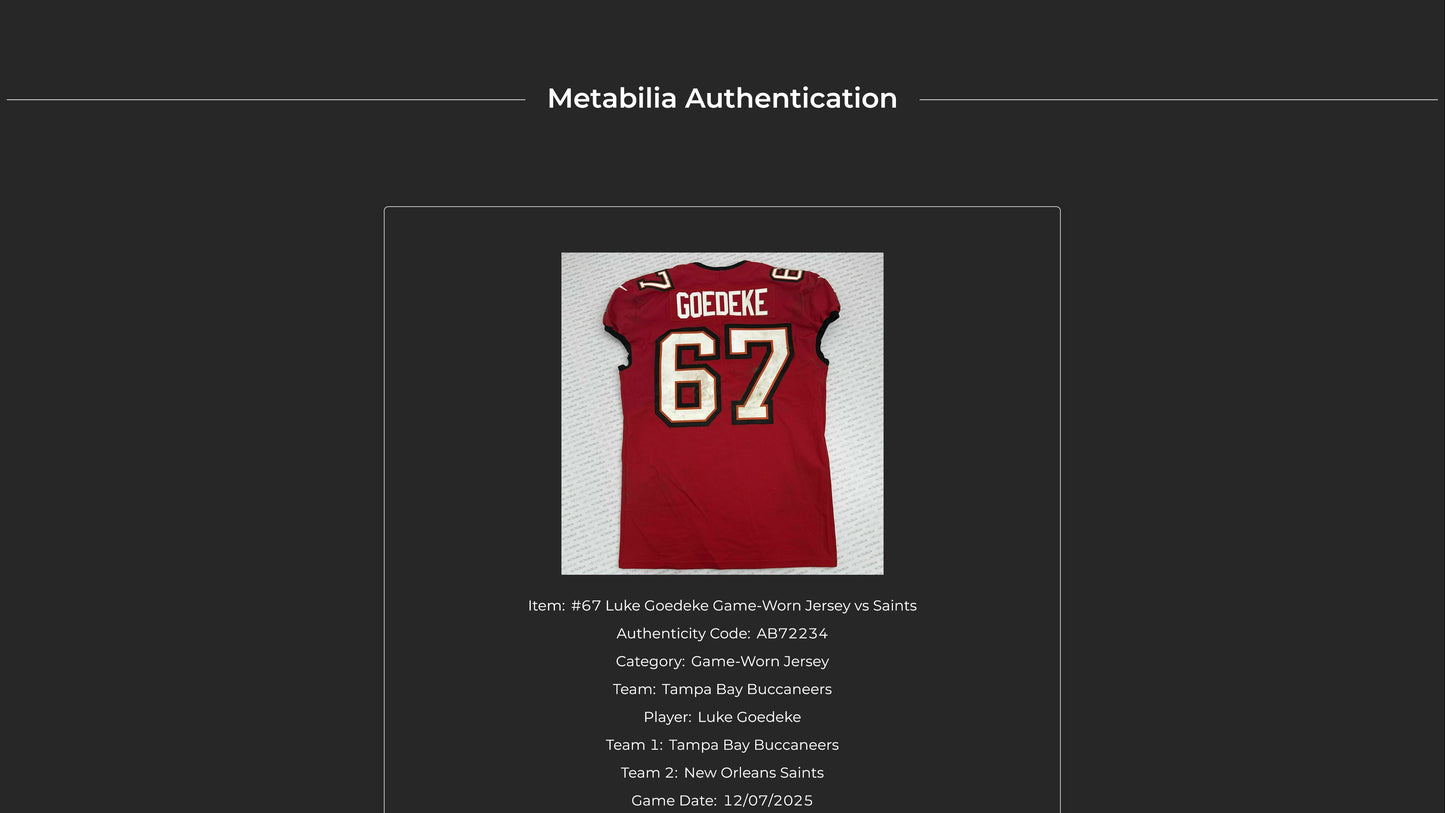 Luke Goedeke GAME WORN 💪12/07/25 Tampa Bay Buccaneers Nike NFL Jersey vs New Orleans Saints Includes Authenticity