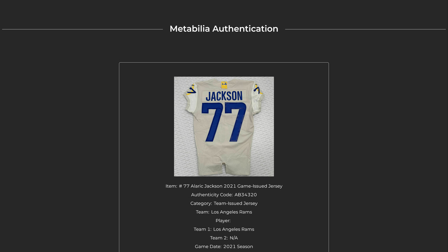 Alaric Jackson GAME ISSUED Los Angeles Rams Nike NFL On Field Jersey Inc. Certificate of Authenticity 📏