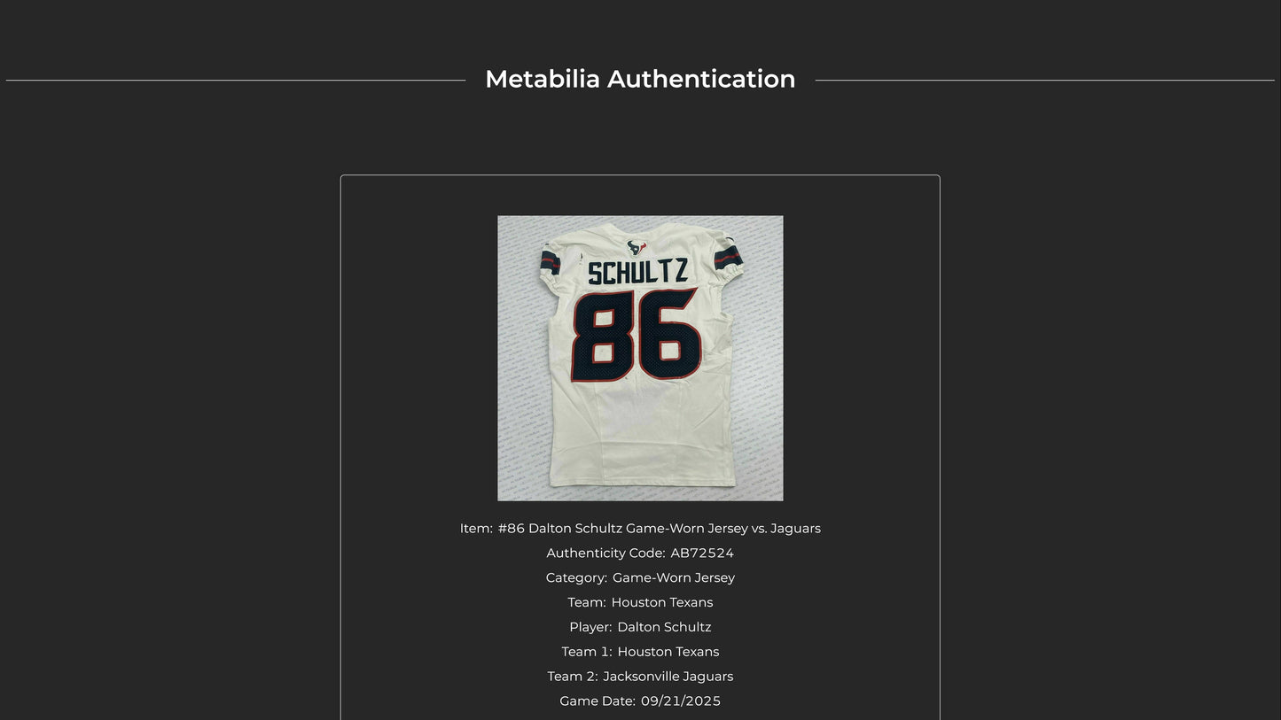 Dalton Schultz GAME WORN 09/21/25 Houston Texans Nike NFL Jersey vs Jacksonville Jaguars Also Includes Certificate of Authenticity
