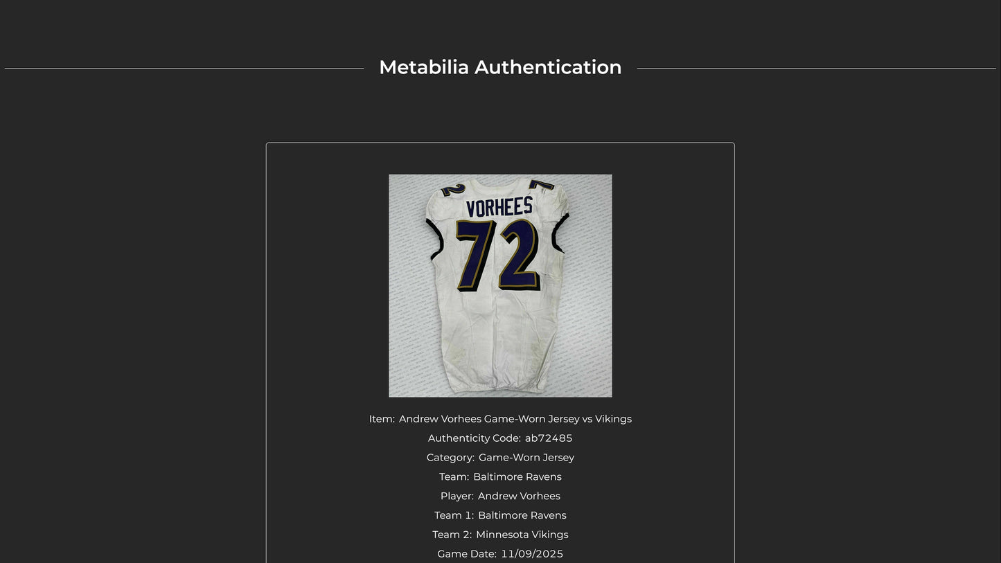Andrew Vorhees GAME-WORN 💪 11/09/25 Baltimore Ravens 💜 NFL Jersey WIN vs Minnesota Vikings  Also Includes Certificate of Authenticity