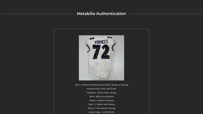 Andrew Vorhees GAME-WORN 💪 11/09/25 Baltimore Ravens 💜 NFL Jersey WIN vs Minnesota Vikings  Also Includes Certificate of Authenticity