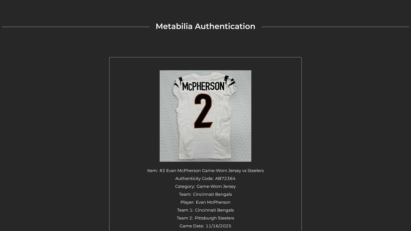 Evan McPherson GAME WORN 11/16/25 Cincinnati Bengals Nike NFL Jersey vs Pittsburgh Steelers Also Includes Certificate of Authenticity