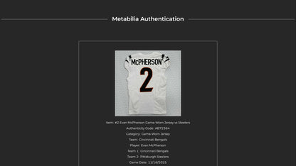 Evan McPherson GAME WORN 11/16/25 Cincinnati Bengals Nike NFL Jersey vs Pittsburgh Steelers Also Includes Certificate of Authenticity