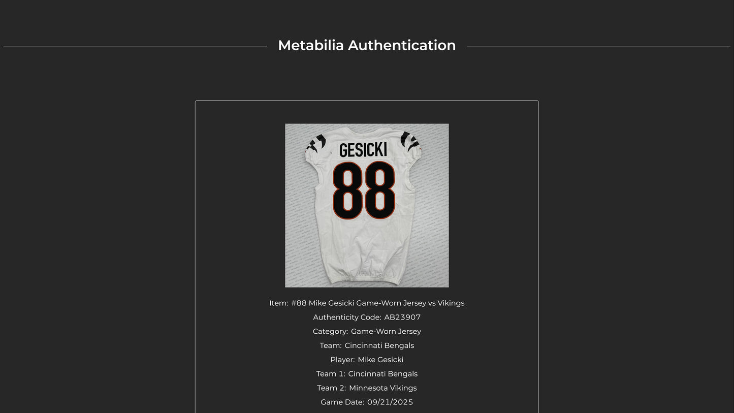 Mike Gesicki GAME WORN 09/21/25 💪 Cincinnati Bengals 🐅 NFL Jersey vs Minnesota Vikings Also Includes Certificate of Authenticity