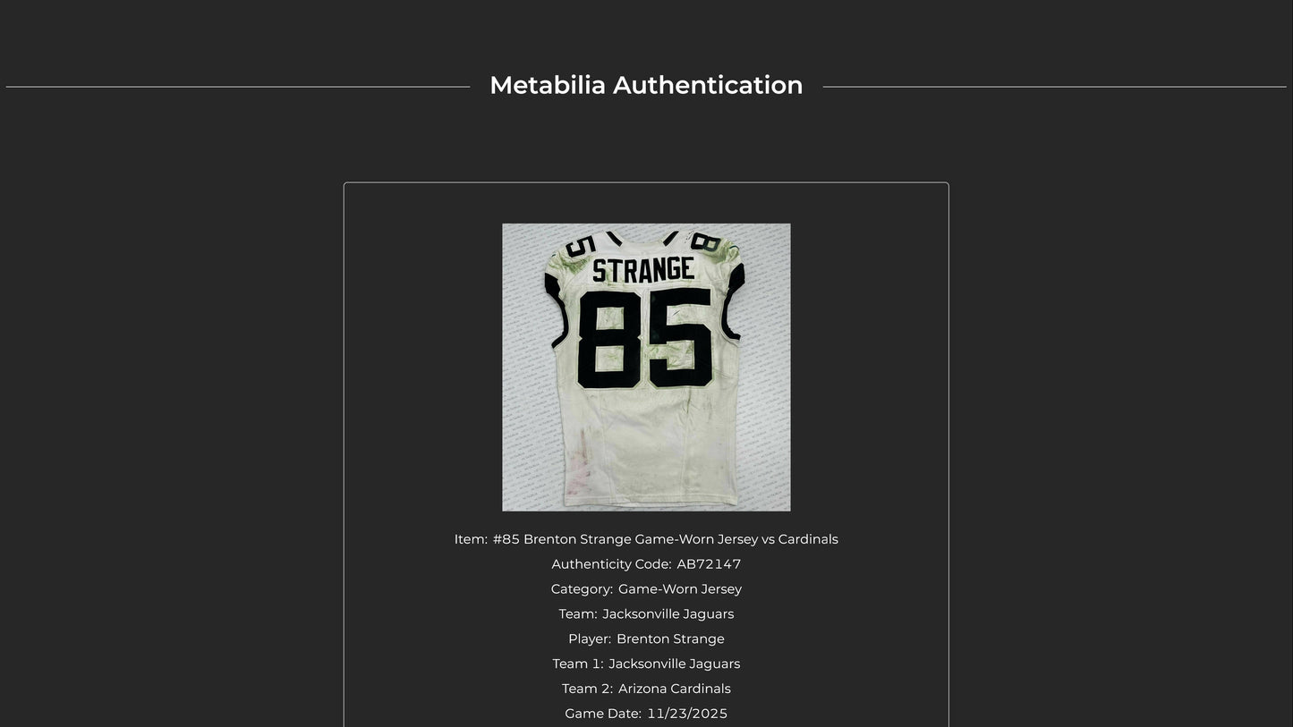 Brenton Strange GAME WORN 11/23/25 Jacksonville Jaguars 🐆 NFL Jersey vs Arizona Cardinals Also Includes Certificate of Authenticity
