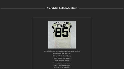 Brenton Strange GAME WORN 11/23/25 Jacksonville Jaguars 🐆 NFL Jersey vs Arizona Cardinals Also Includes Certificate of Authenticity