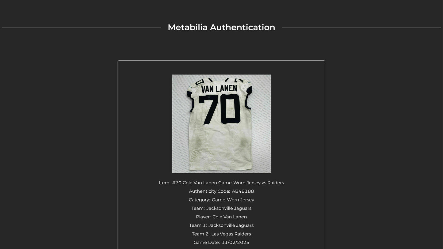 Cole Van Lanen GAME WORN 11/02/25 Jacksonville Jaguars🐆NFL Jersey vs Las Vegas Raiders Also Includes Certificate of Authenticity