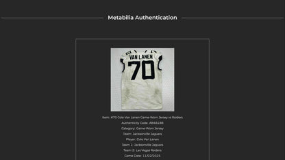 Cole Van Lanen GAME WORN 11/02/25 Jacksonville Jaguars🐆NFL Jersey vs Las Vegas Raiders Also Includes Certificate of Authenticity